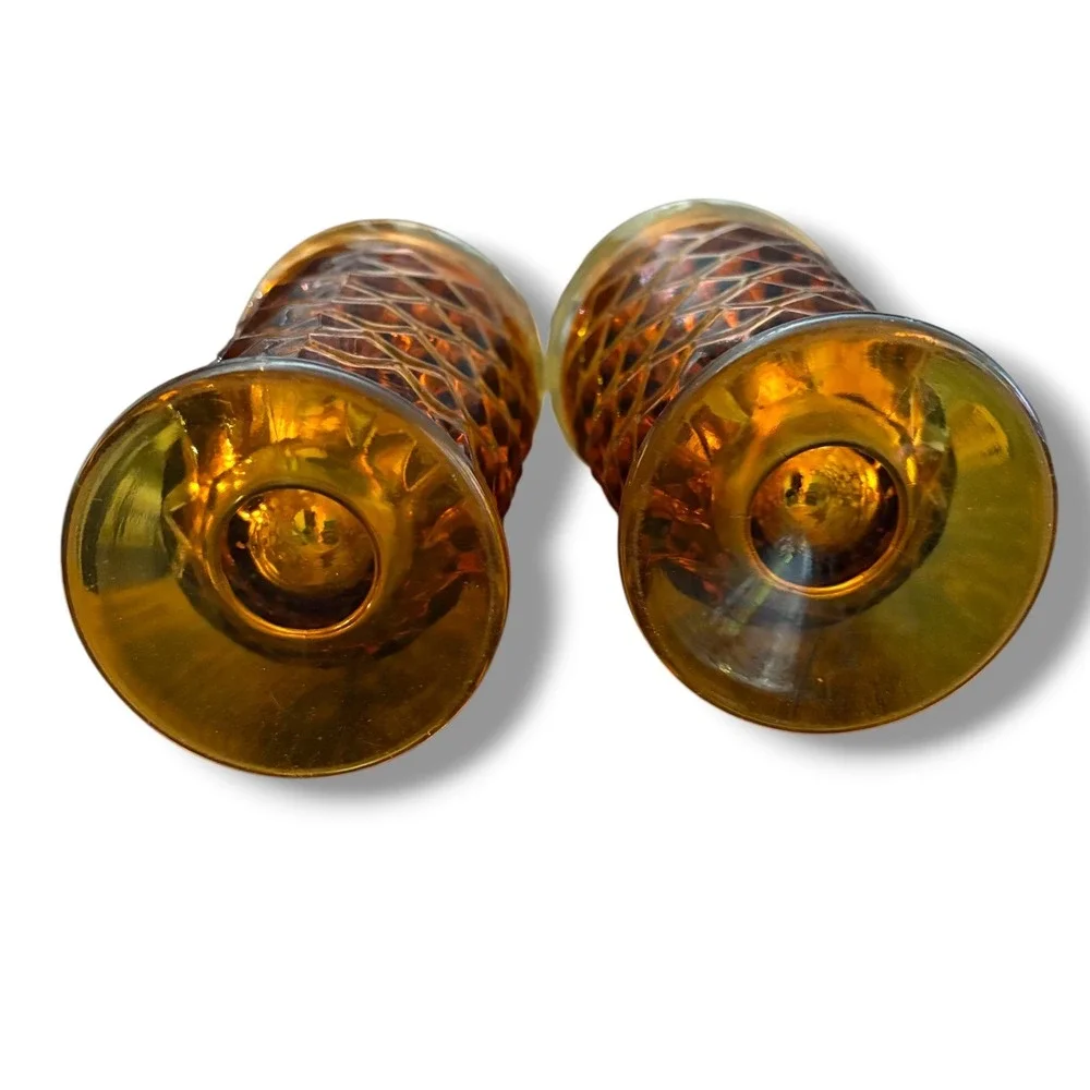 Vintage Amber Glass Footed Tumblers Set of 2‎ Diamond Point Waffle 6 in MCM